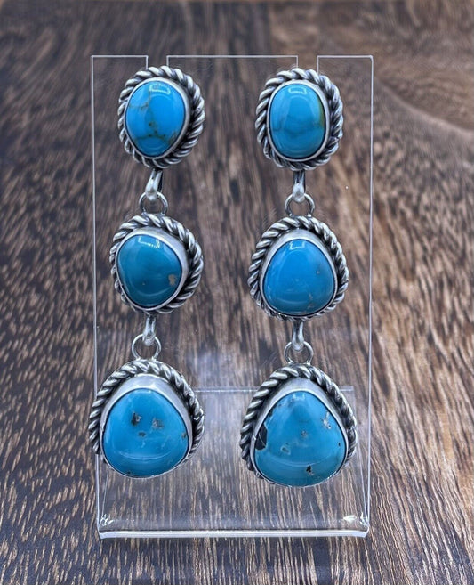 Native American Sterling Silver Navajo Handmade Turquoise Post Dangle Earrings