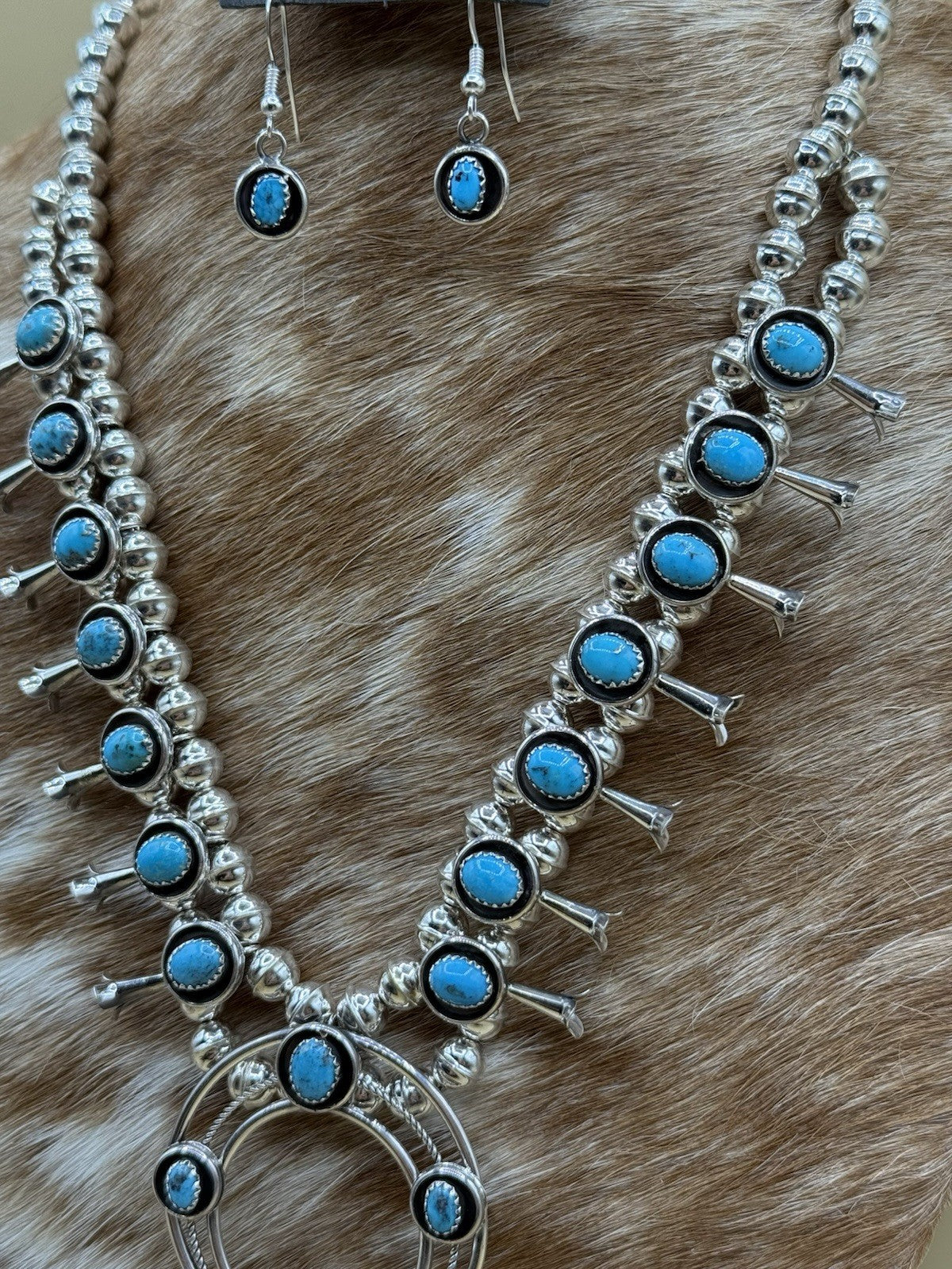 Native American Navajo Handmade Silver Kingman Turquoise Squash Blossom Set 18”