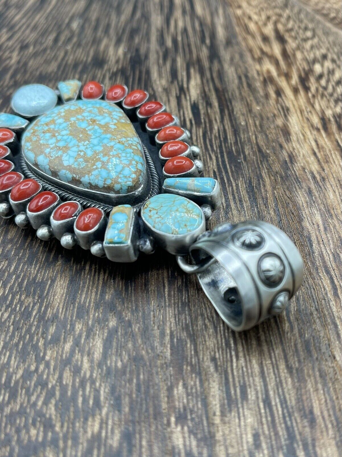 Native American Indian Navajo Handmade Silver Turquoise & Coral Cluster Pendant