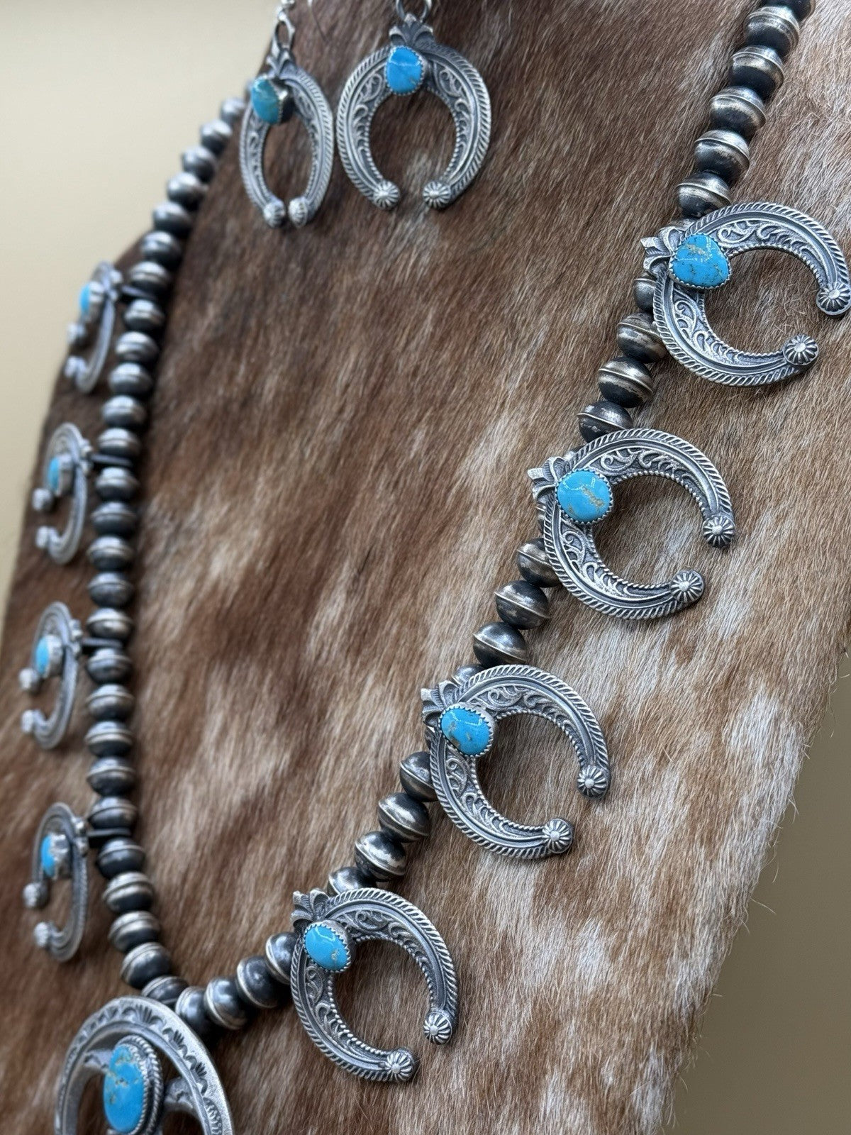 Navajo Handmade Sterling Silver Kingman Turquoise Squash Blossom Set By Kevin B.