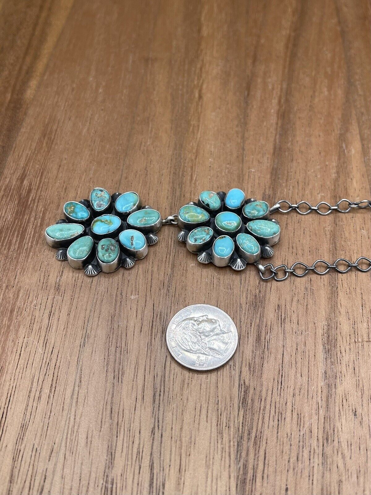 Native American Navajo Handmade Silver Kingman Turquoise Double Cluster Necklace