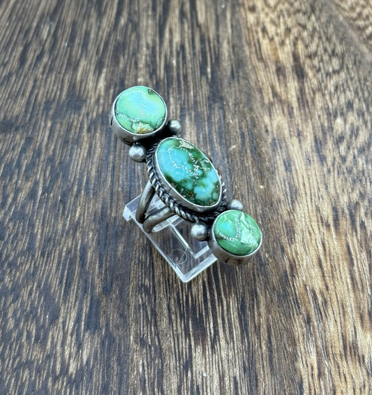 Navajo Handmade Sterling Silver Sonoran Gold Turquoise Cluster Ring Size 8
