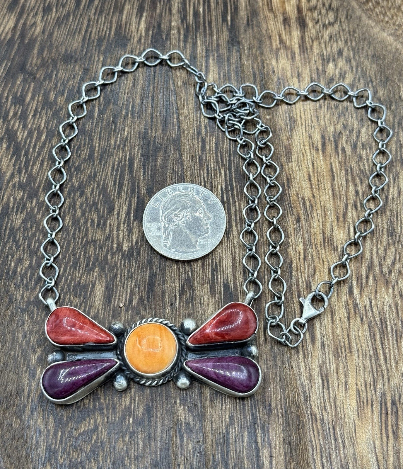 Navajo Handmade Sterling Silver Multi Stone Color Cluster Bar Necklace 18”