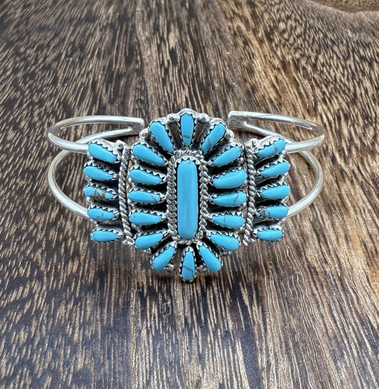 Navajo Handmade Sterling Silver Turquoise Traditional Cluster Cuff Bracelet