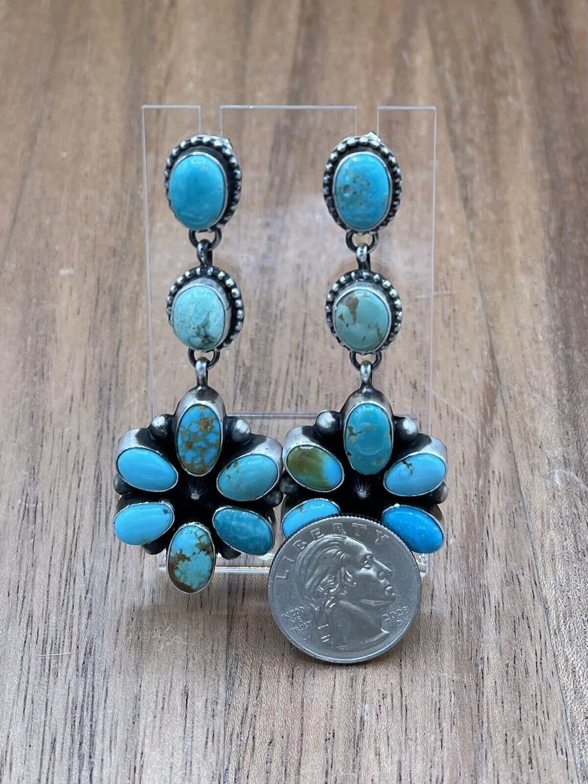 Native American Navajo Handmade Silver Kingman Turquoise Dangle Cluster Earrings