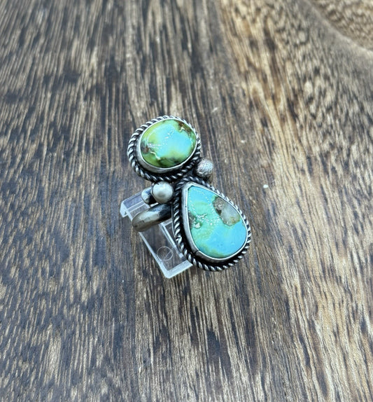 Navajo Handmade Sterling Silver Sonoran Gold Turquoise Adjustable Ring Size 7-9