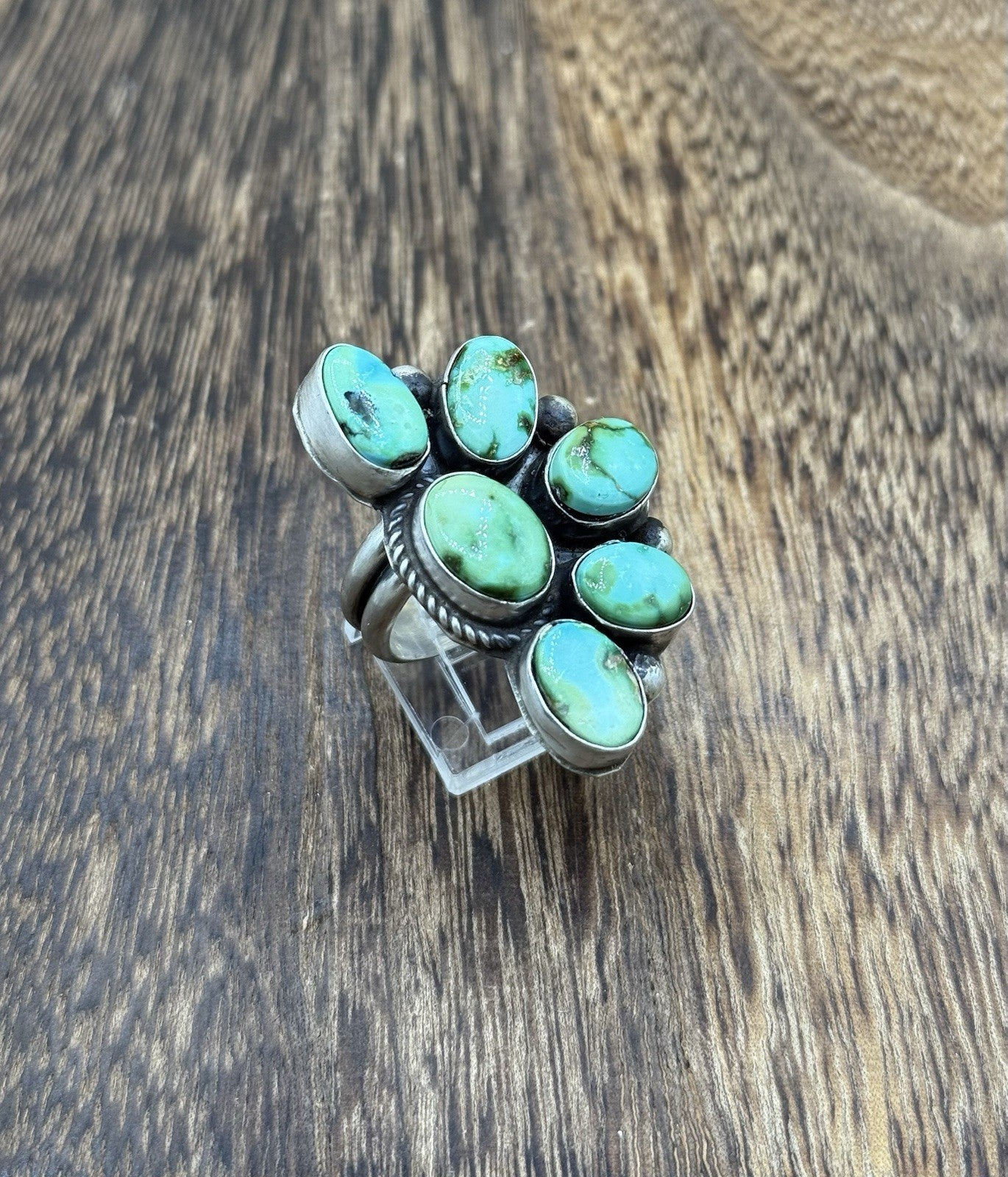 Navajo Handmade Sterling Silver Sonoran Gold Turquoise Half Cluster Ring Size 8