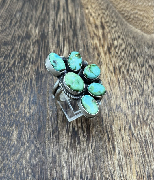 Navajo Handmade Sterling Silver Sonoran Gold Turquoise Half Cluster Ring Size 8