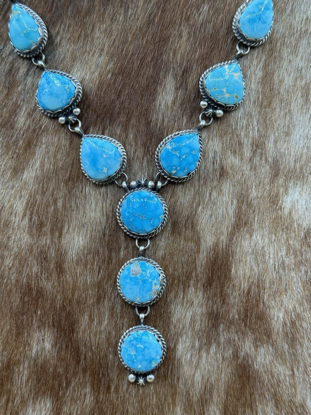 Native Navajo Handmade Sterling Silver Blue Bird Turquoise Y Lariat Necklace 24”