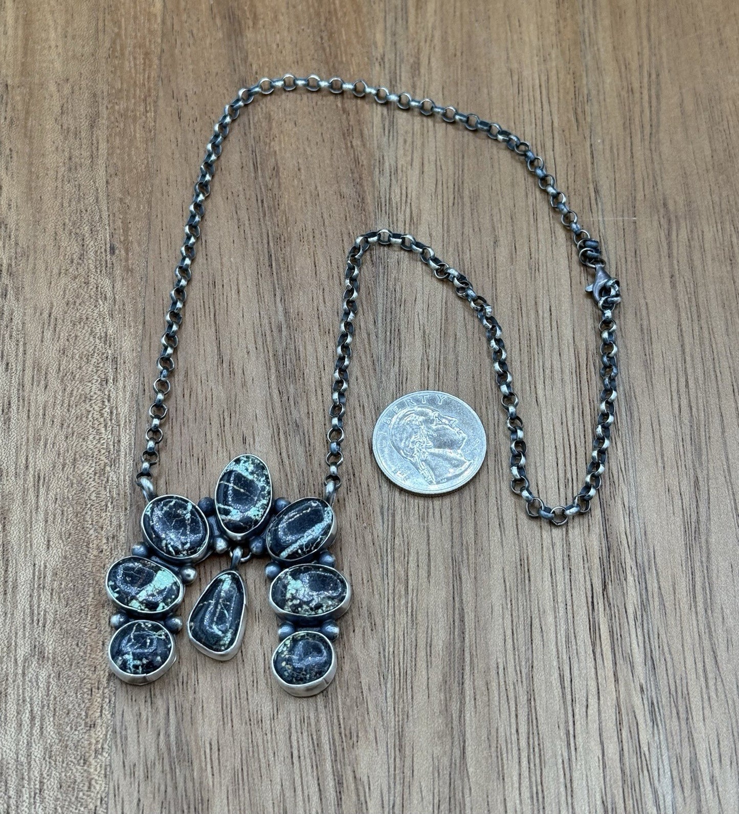 Navajo Handmade Sterling Silver Blackjack Turquoise Cluster Naja Necklace 18”