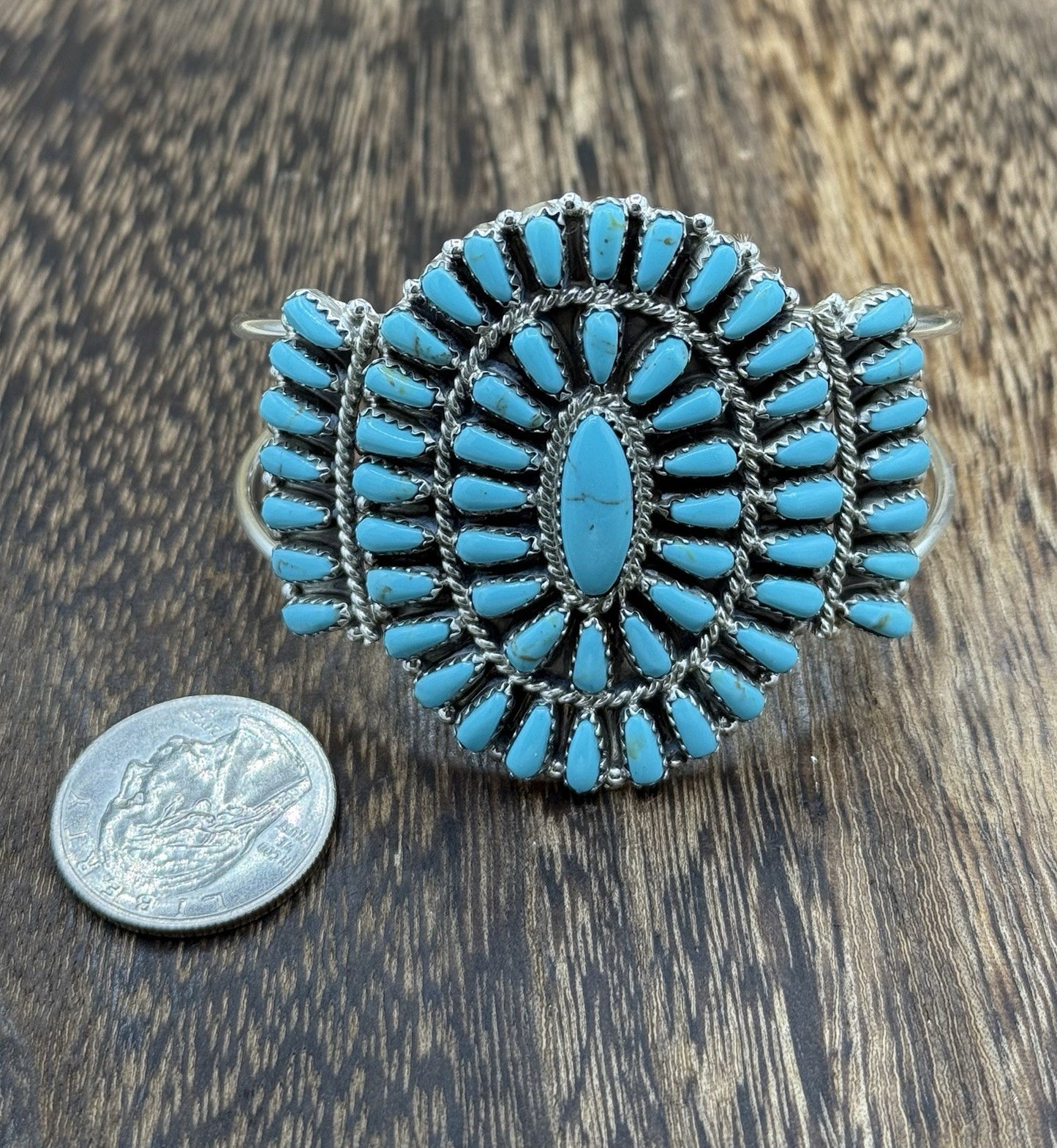 Native American Navajo Handmade Sterling Silver Turquoise Cluster Cuff Bracelet