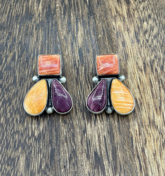 Navajo Handmade Sterling Silver Multi Color Spiny Oyster Post Cluster Earrings