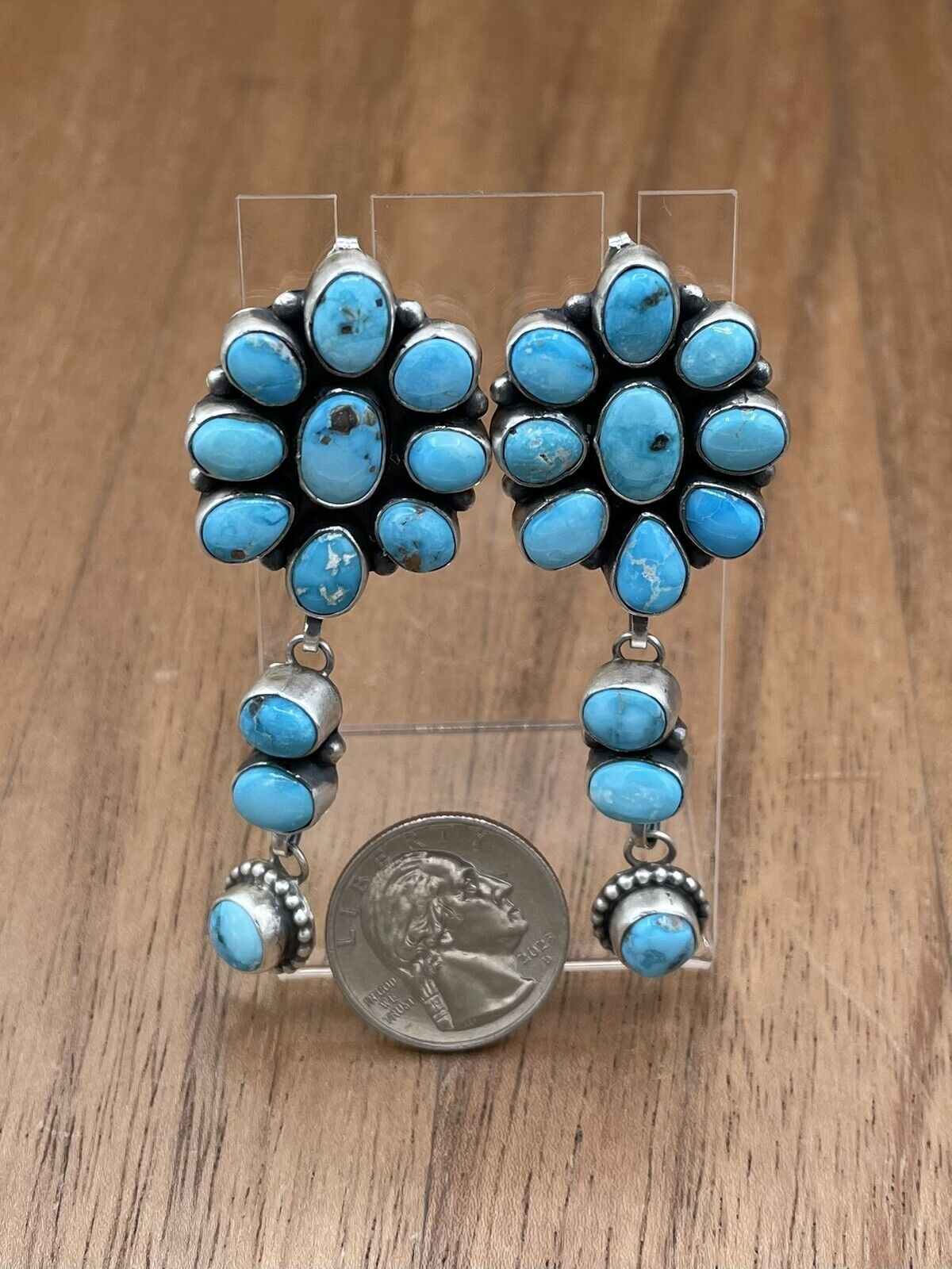 Native American Navajo Handmade Silver Kingman Turquoise Dangle Cluster Earrings