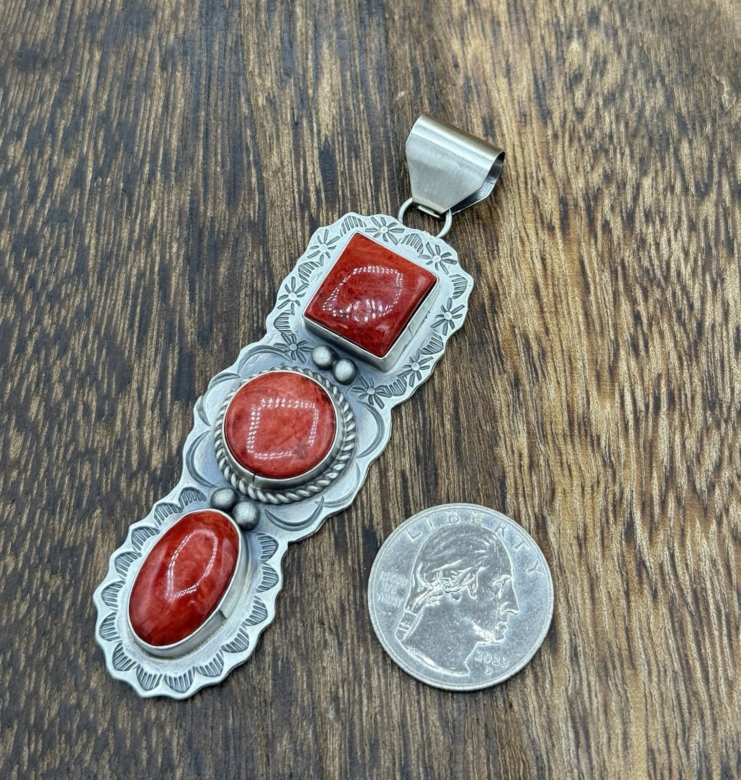 Navajo Handmade Sterling Silver Spiny Oyster Shell Stamped Drop Pendant