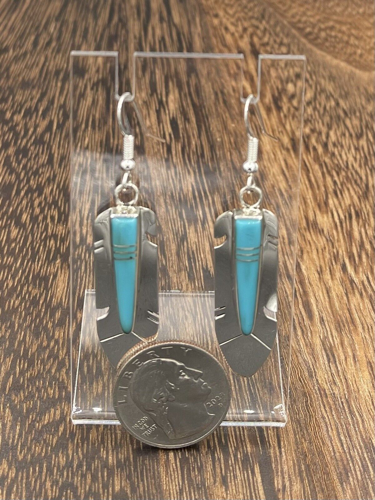 Native American Sterling Silver Navajo Handmade Turquoise Inlay Dangle Earring