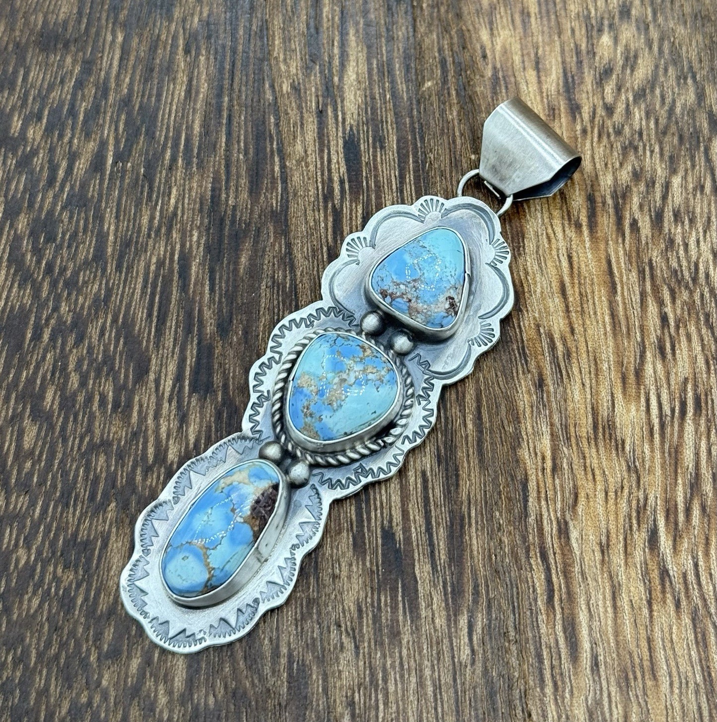 Navajo Handmade Sterling Silver Golden Hills Turquoise Stamped Drop Pendant