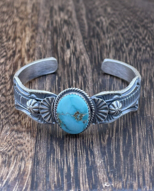 Native American Navajo Handmade Silver Kingman Turquoise Old look Bracelet