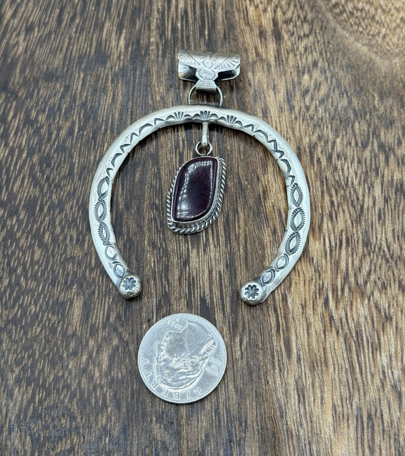 Navajo Handmade Sterling Silver Stamped Red Spiny Oyster Shell Naja Pendant