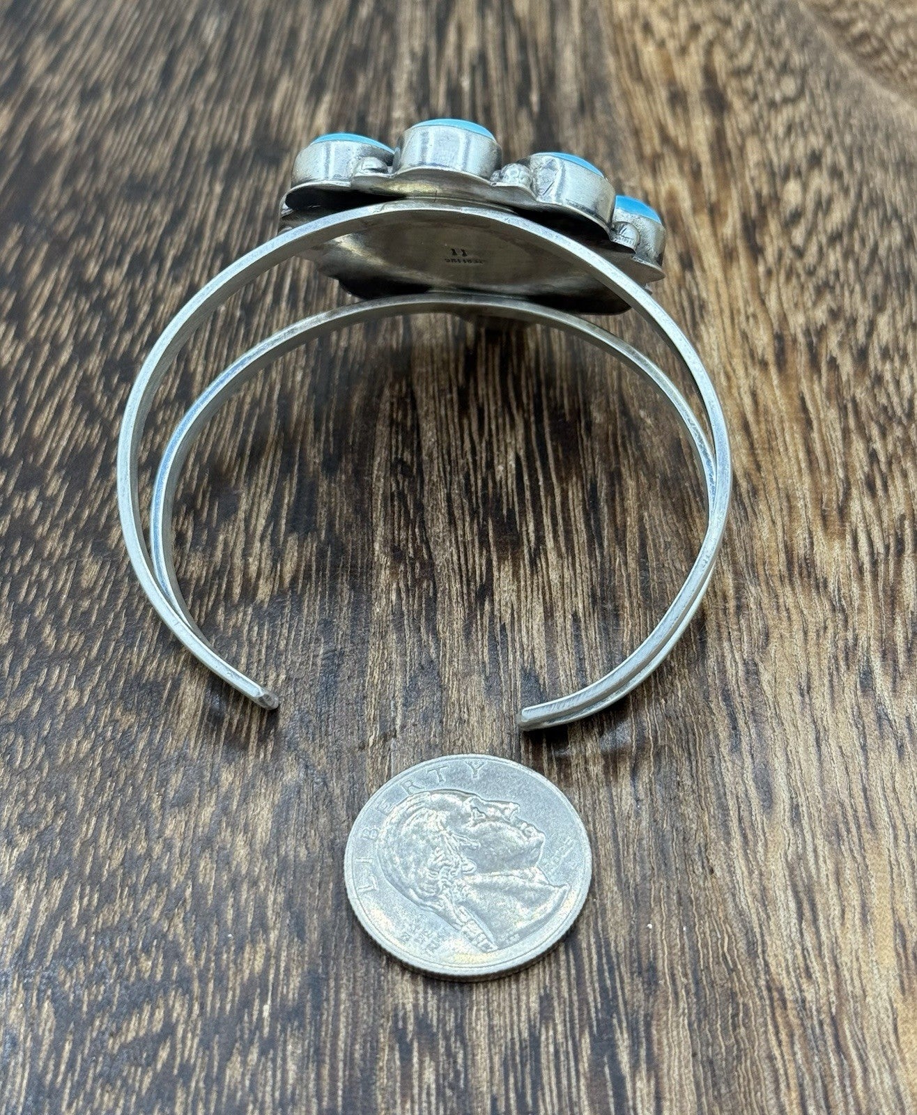 Navajo Handmade Sterling Silver Blue Ridge Turquoise Cluster Cuff Bracelet