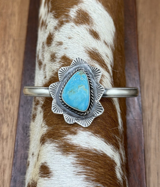 Native Navajo Handmade Sterling Silver Kingman Turquoise Cuff Stamped Bracelet