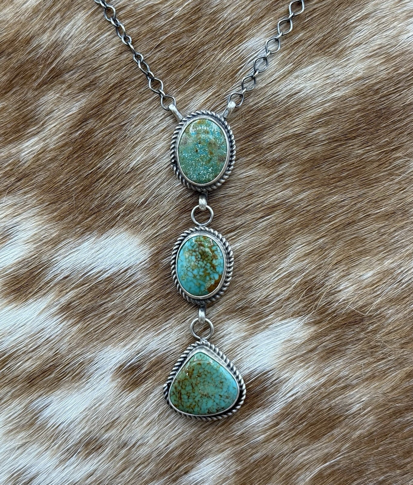 Native Navajo Handmade Sterling Silver Kingman Turquoise Lariat Necklace 18”