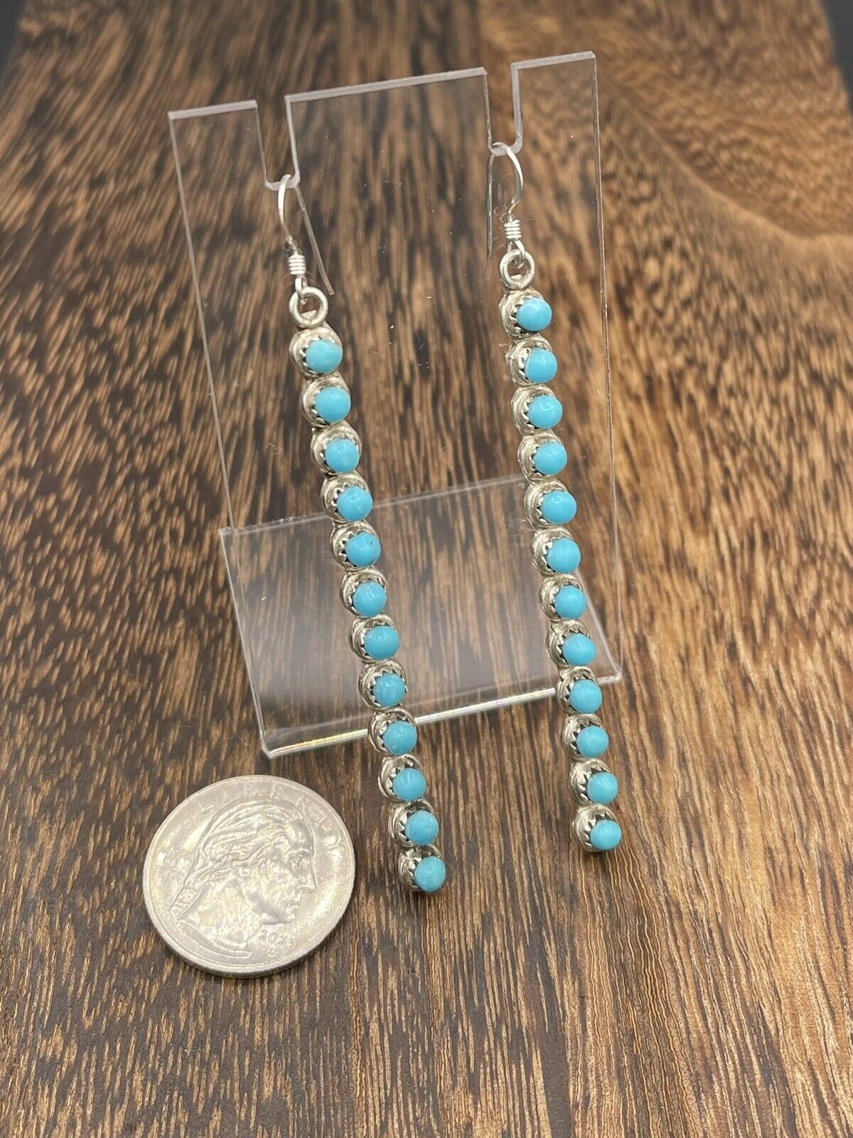 Native American Sterling Silver Zuni Handmade Natural Turquoise Dangle Earring