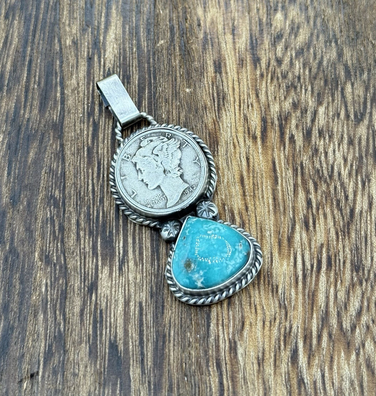 Navajo Handmade Sterling Silver White Water Turquoise Liberty Dime Coin Pendant