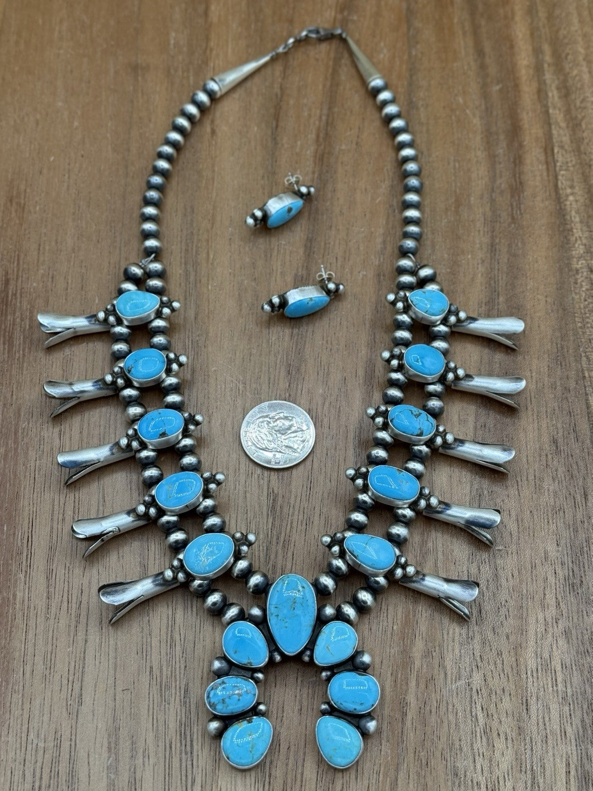 Navajo Handmade Sterling Silver Kingman Turquoise Squash Blossom Necklace 20”