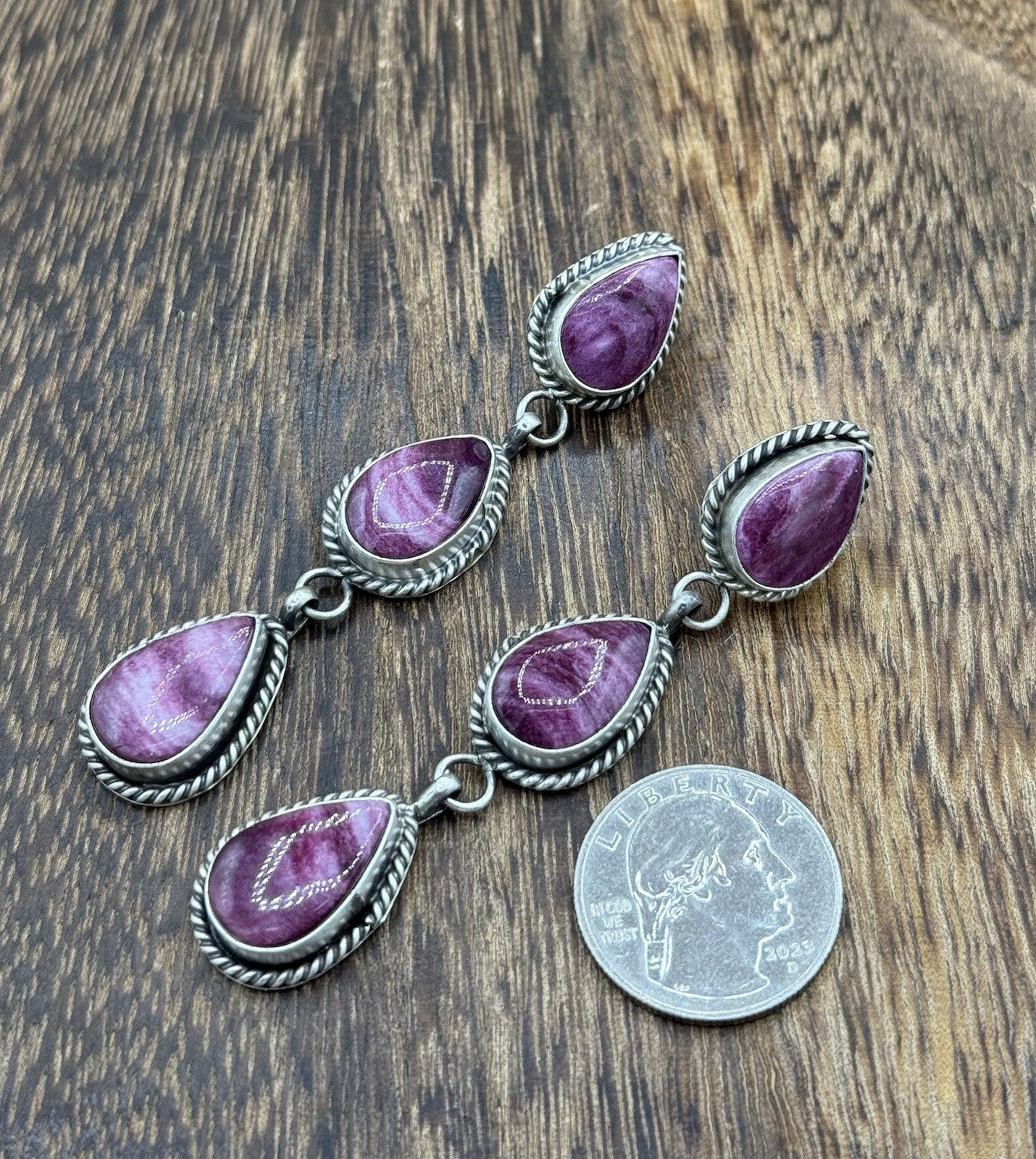 Native Navajo Handmade Sterling Silver Purple Spiny Oyster Post Dangle Earrings