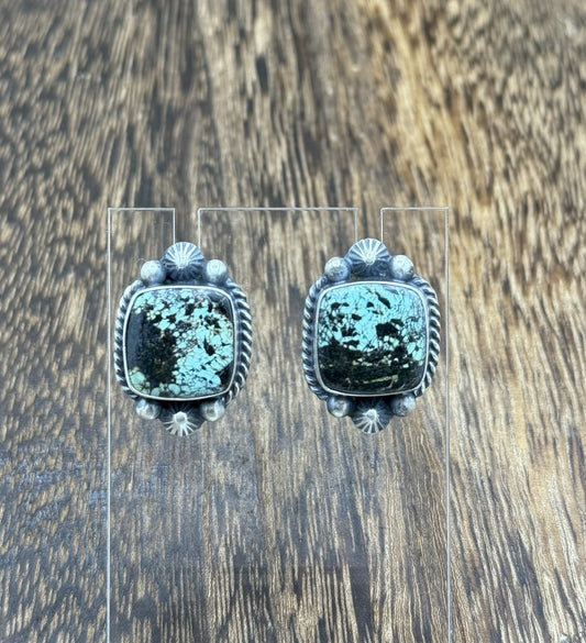 Navajo Handmade Sterling Silver Blackjack Turquoise Old Look Post Stud Earrings