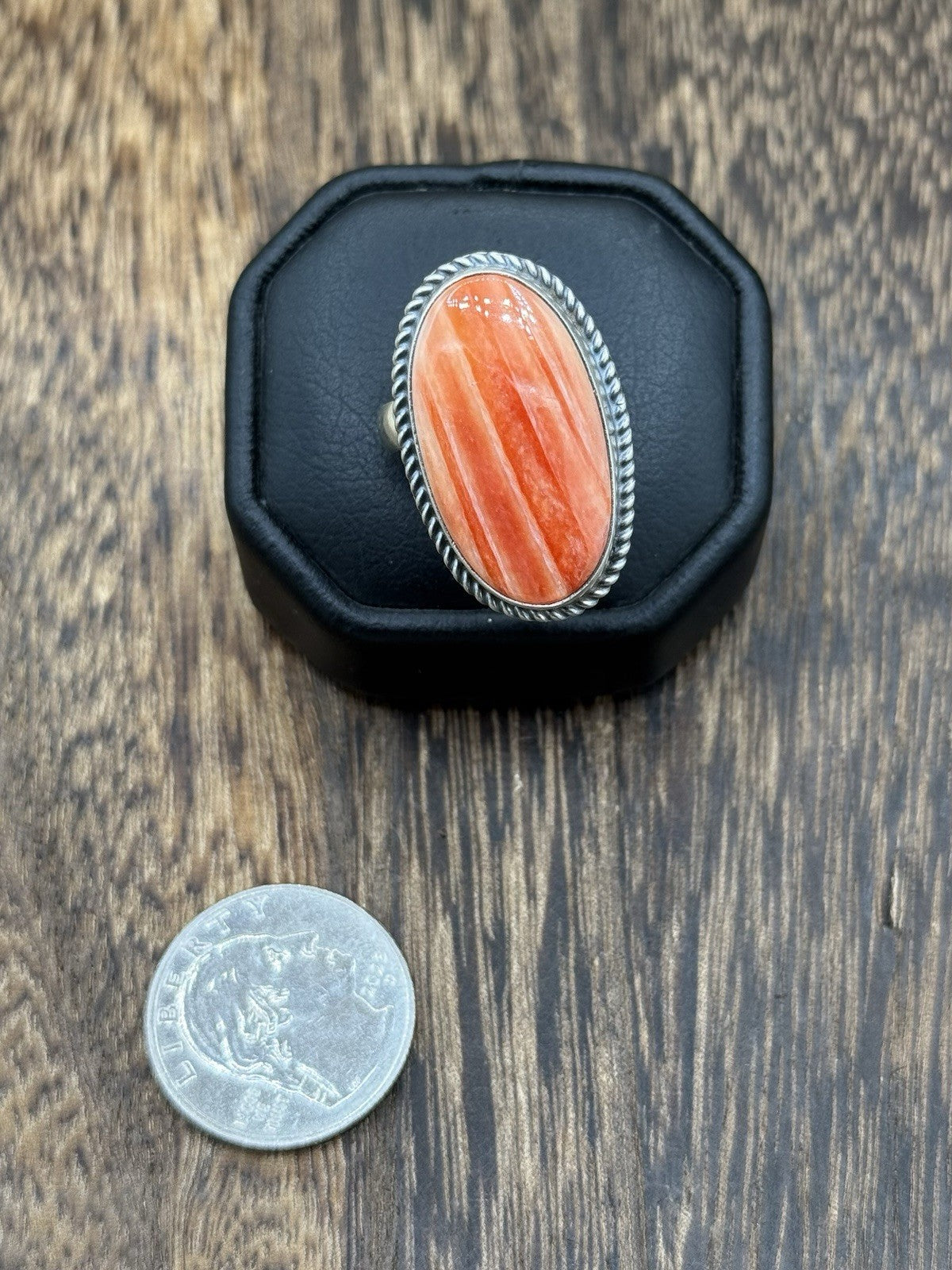Navajo Handmade Sterling Silver Orange Spiny Oyster Adjustable Ring Size 7 - 10