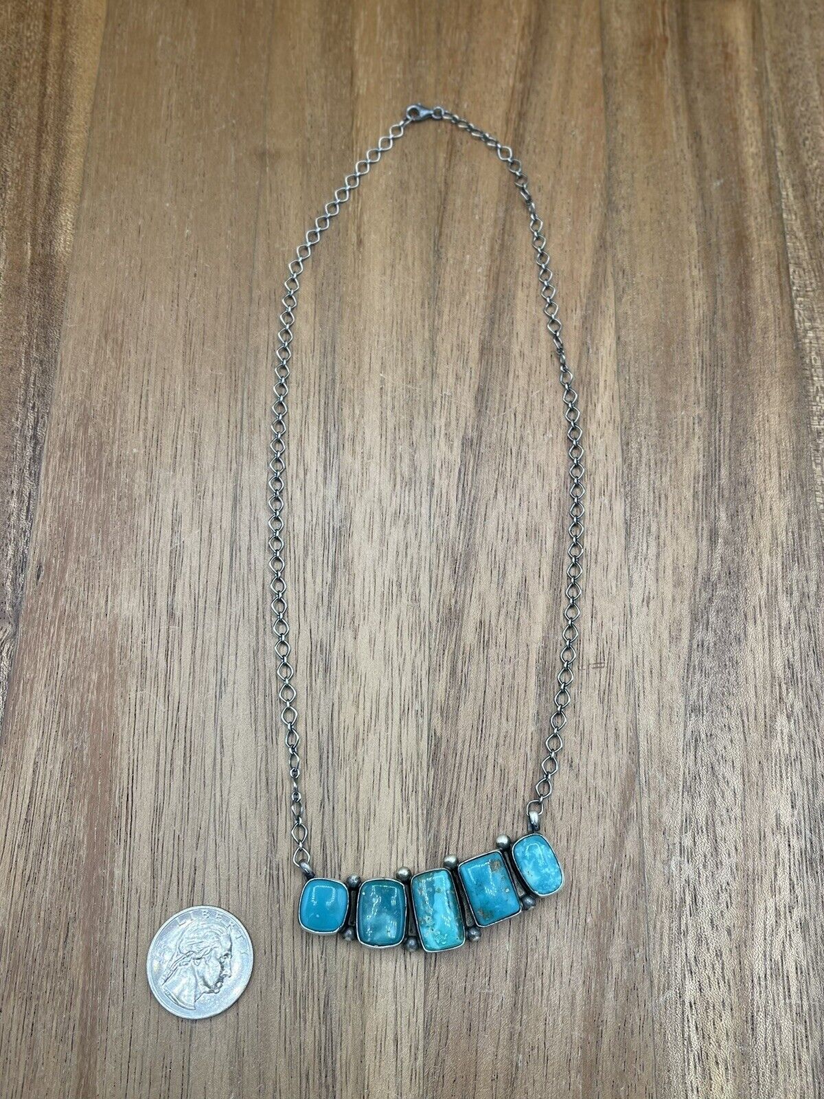 Native American Navajo Handmade Silver Sonoran Bella Turquoise Bar Necklace 18”