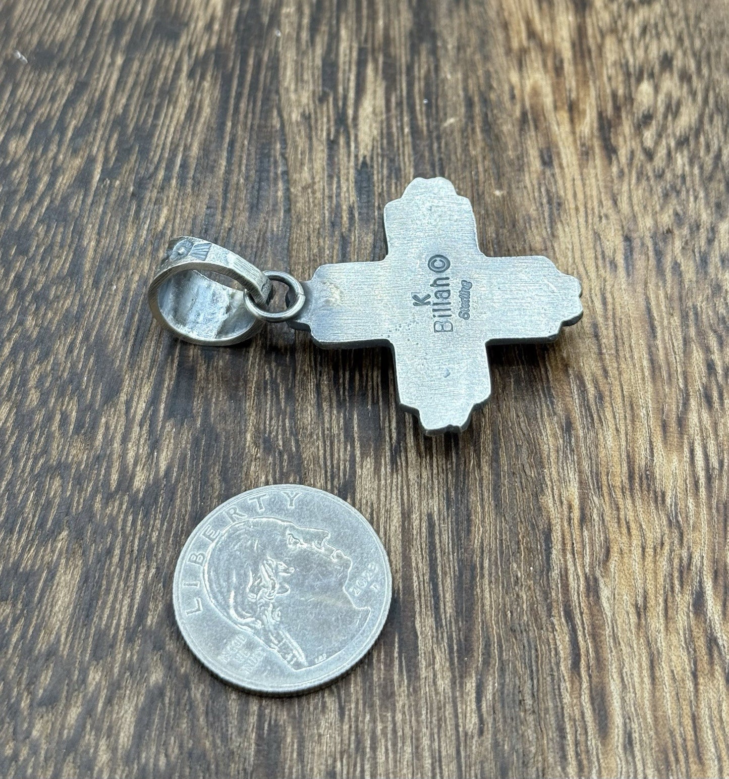 Navajo Handmade Sterling Silver Old Look Kingman Turquoise Zia Pendant Kevin B.