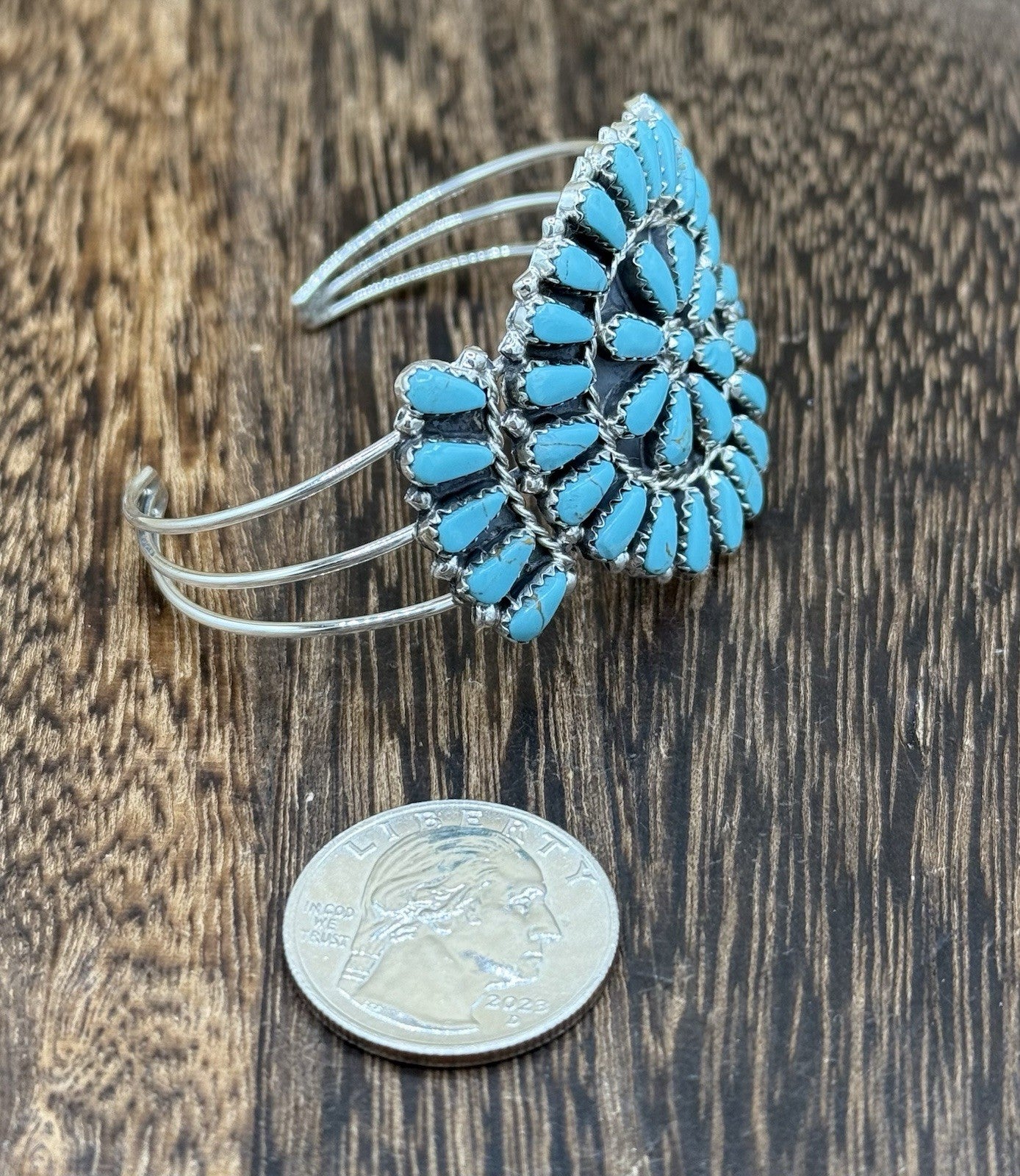 Native American Navajo Handmade Sterling Silver Turquoise Cluster Cuff Bracelet