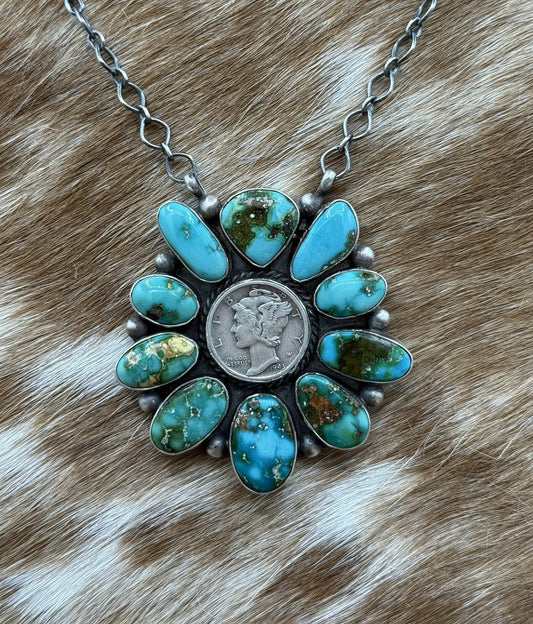 Navajo Handmade Silver Sonoran Gold Turquoise Liberty Coin Cluster Necklace 18”