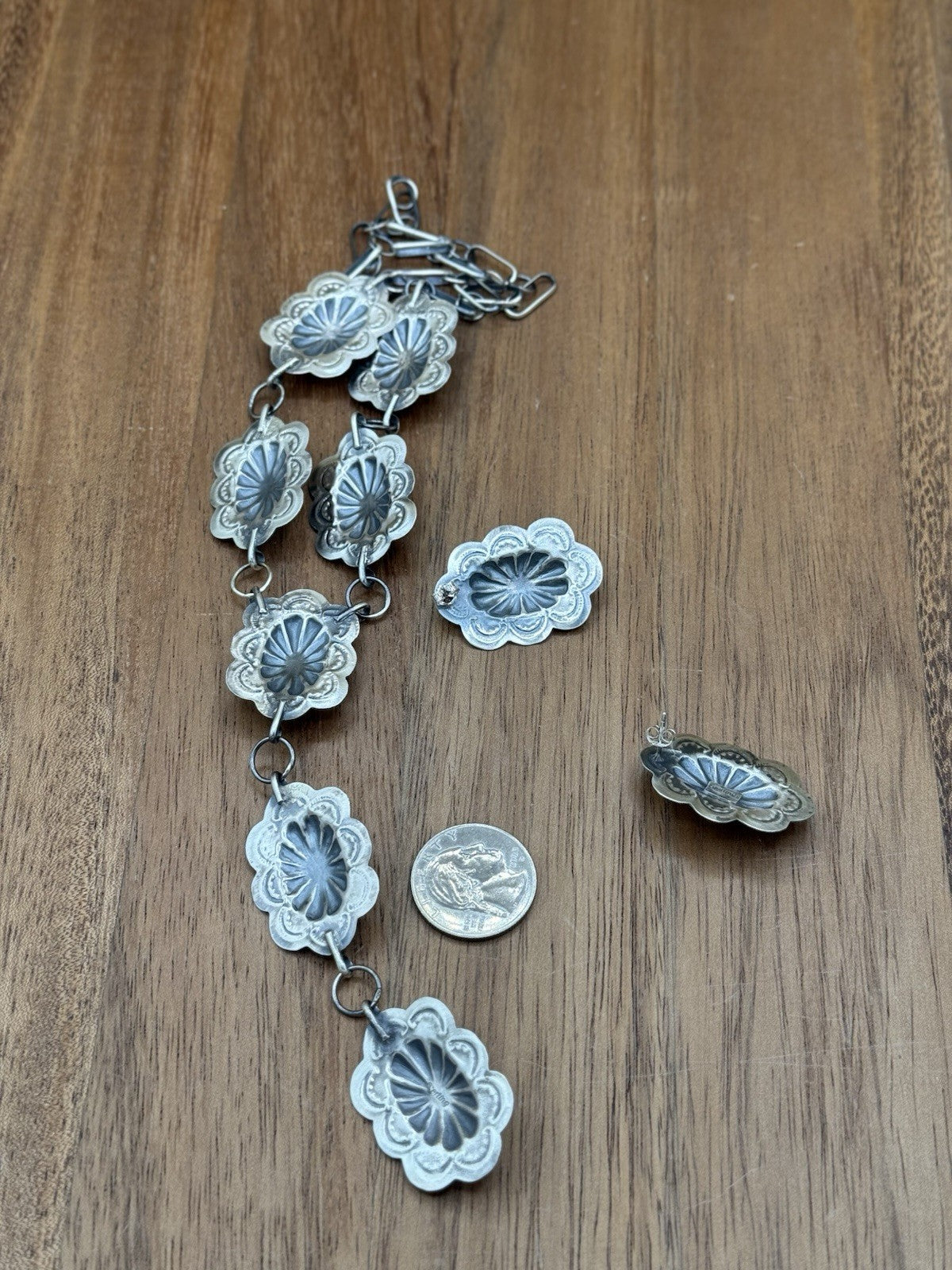 Navajo Handmade Sterling Silver Stamped Concho Turquoise Lariat Necklace Set 20”