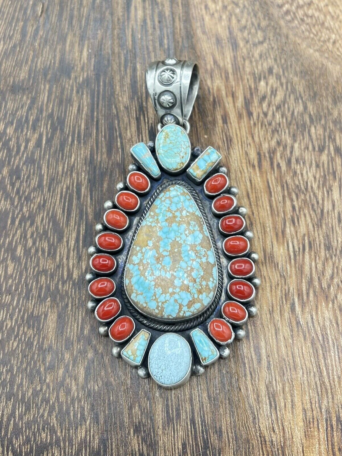 Native American Indian Navajo Handmade Silver Turquoise & Coral Cluster Pendant