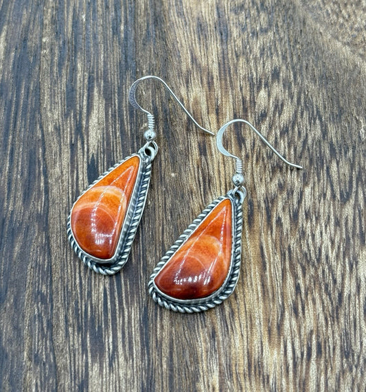 Native Navajo Handmade Sterling Silver Orange Spiny Oyster Shell Dangle Earrings