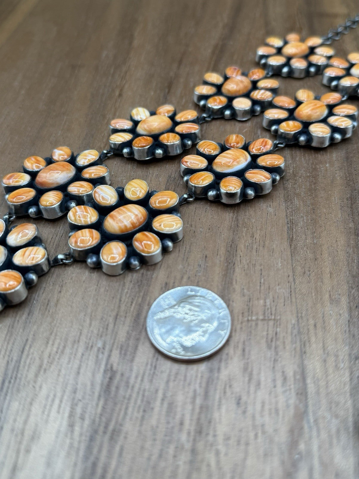 Navajo Handmade Silver Orange Spiny Oyster Cluster Lariat Dangle Necklace 24”