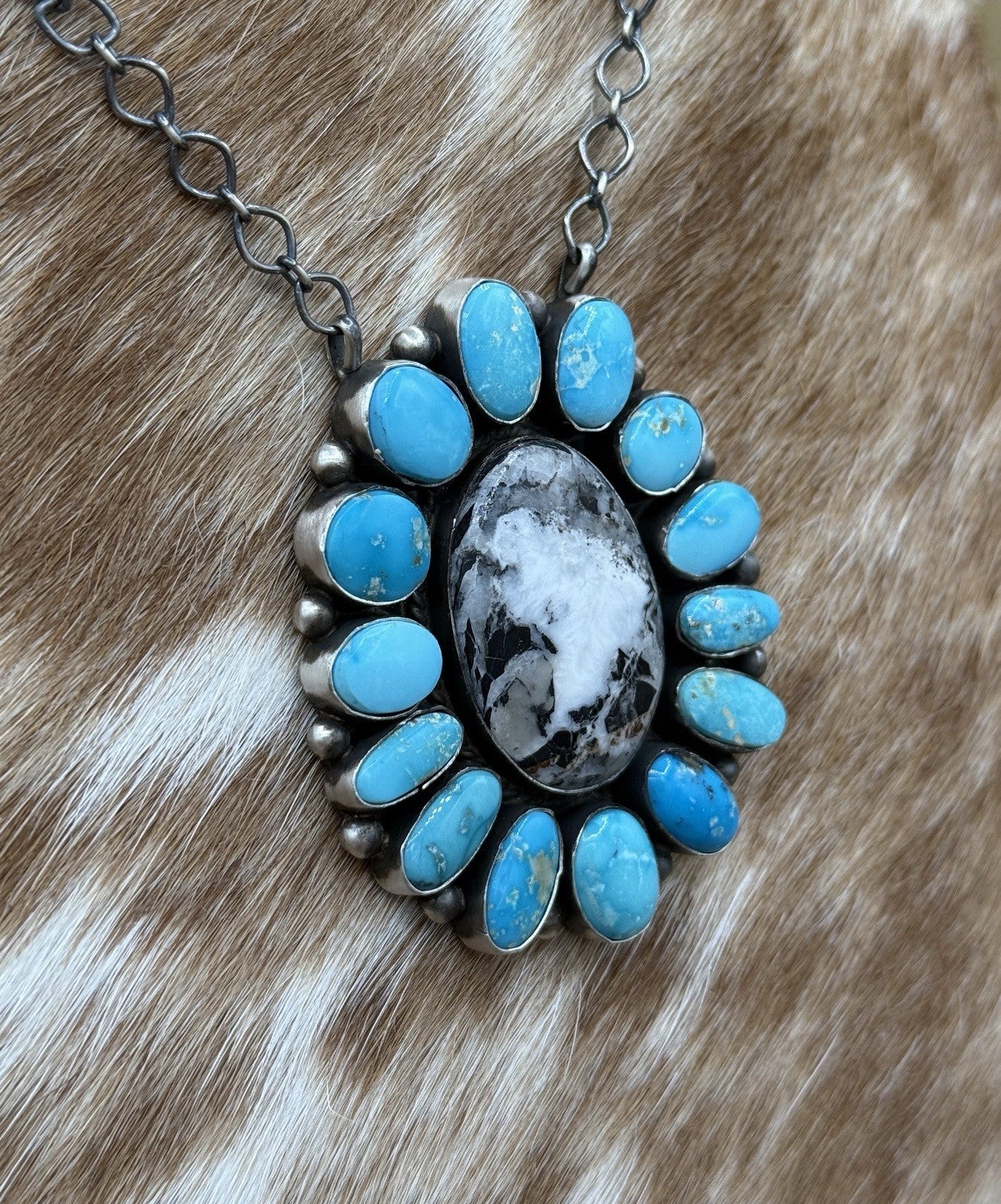 Navajo Handmade Silver Blue Ridge Turquoise & White Buffalo Cluster Necklace