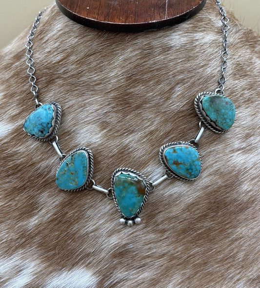 Native Navajo Handmade Sterling Silver Kingman Turquoise Choker Necklace 15”