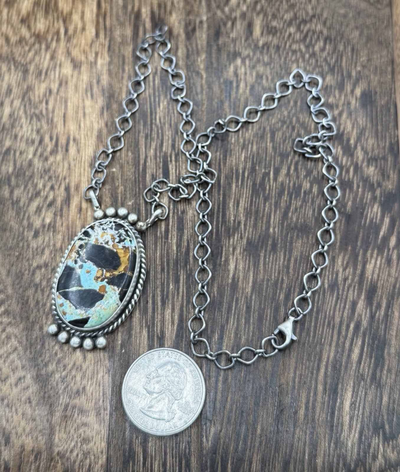 Native Navajo Handmade Sterling Silver Blackjack Turquoise Bar Necklace 18”