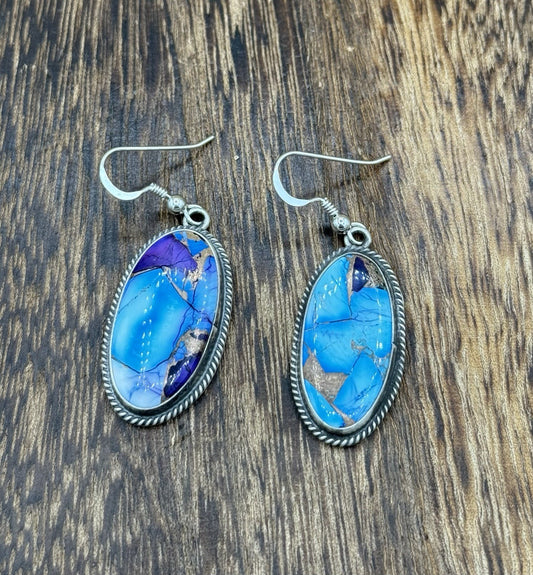 Navajo Handmade Sterling Silver Violet Rose & Blue Dahlia Dangle Drop Earrings
