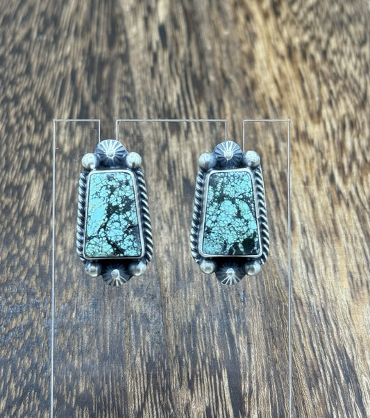 Navajo Handmade Sterling Silver Blackjack Turquoise Old Look Post Stud Earrings