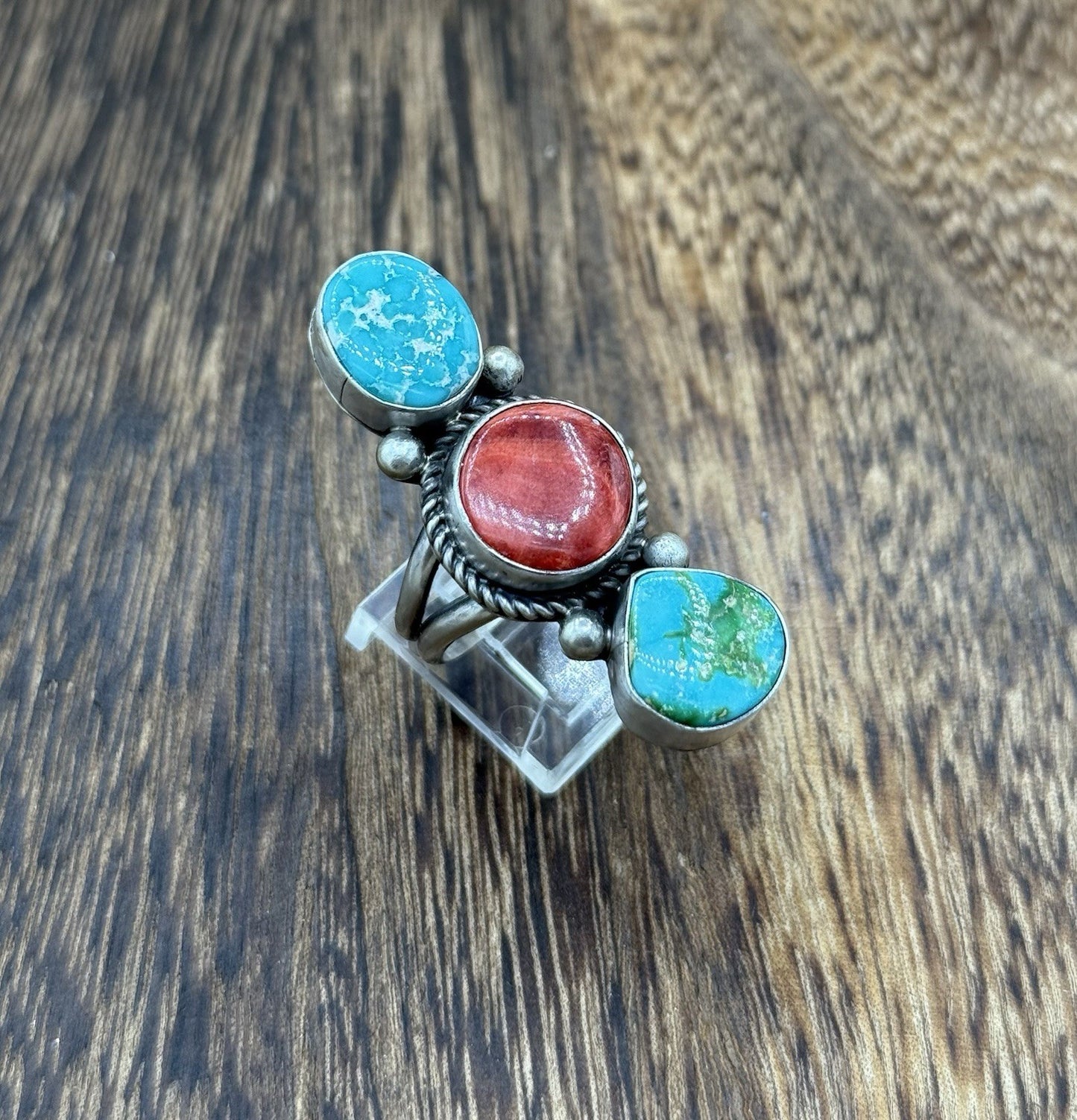 Native Navajo Handmade Sterling Silver Mixed Stone Turquoise Cluster Ring Size 9