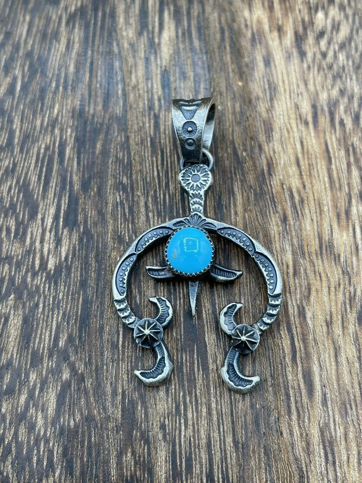 Native American Indian Navajo Handmade Silver Old Look Turquoise Naja Pendant