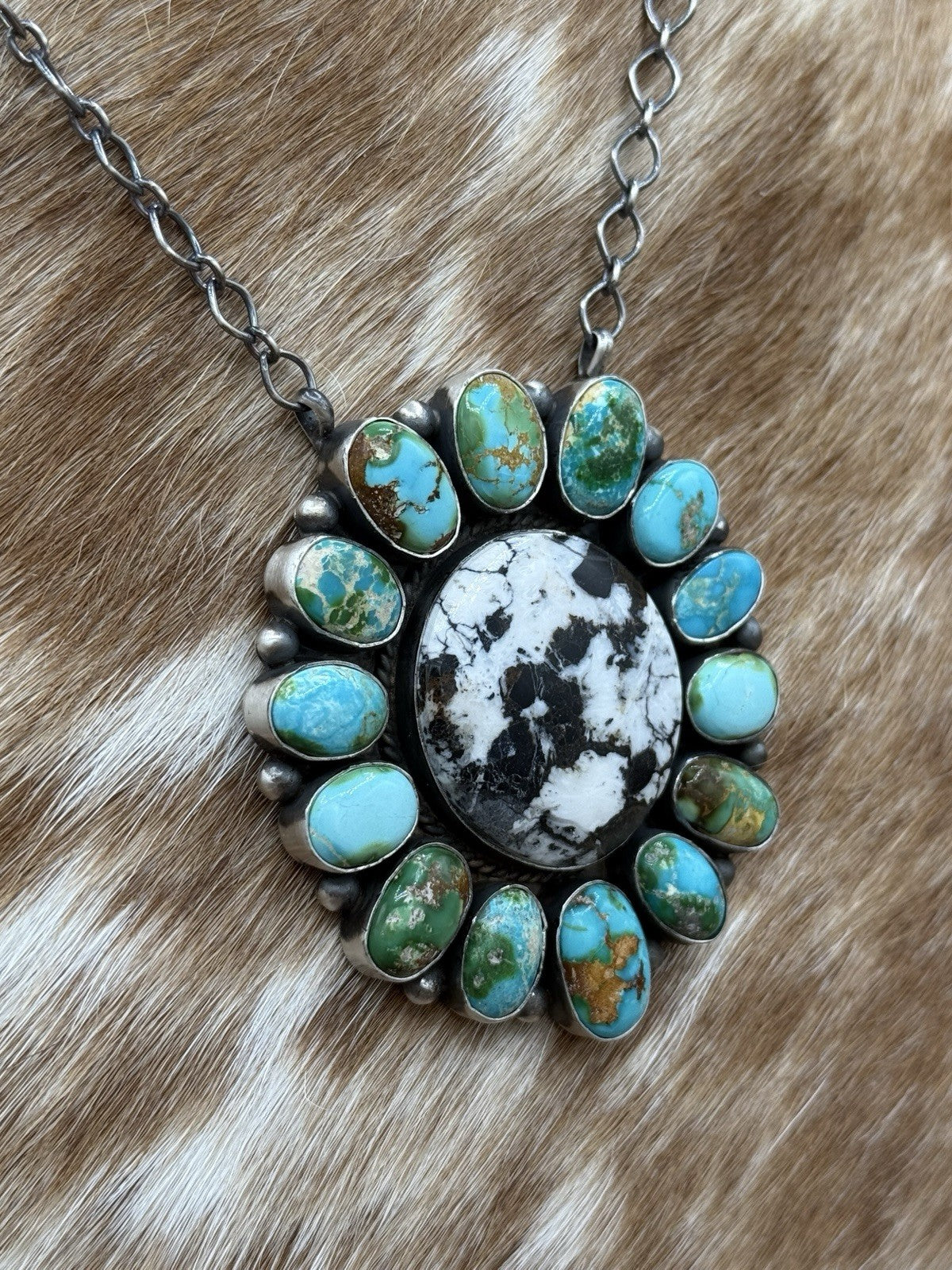 Navajo Handmade Silver Sonoran Gold Turquoise & White Buffalo Cluster Necklace