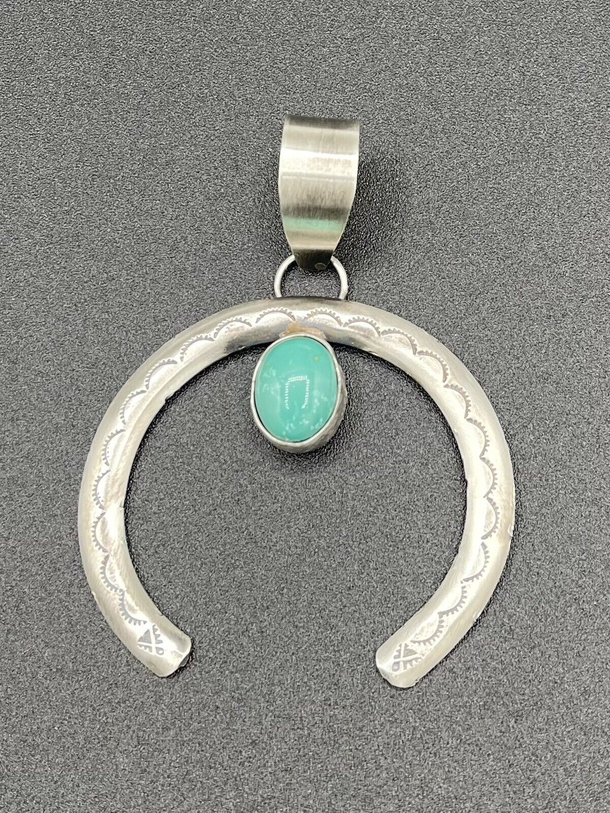 Native American Sterling Silver Navajo Handmade Stamped Turquoise Naja Pendant