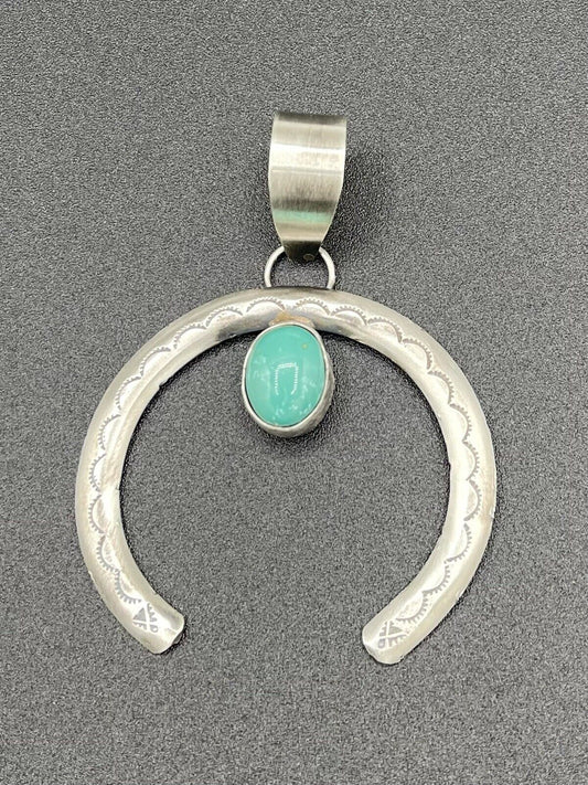 Native American Sterling Silver Navajo Handmade Stamped Turquoise Naja Pendant