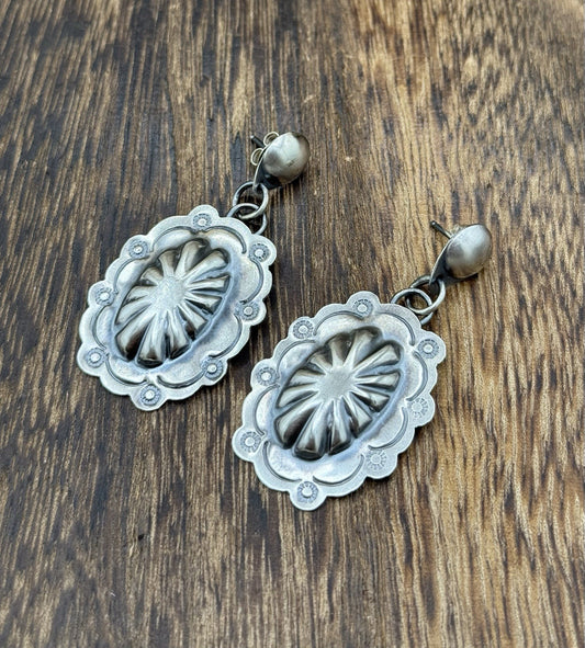 Navajo Handmade Sterling Silver Old Look Stamped Concho Design Post Earrings